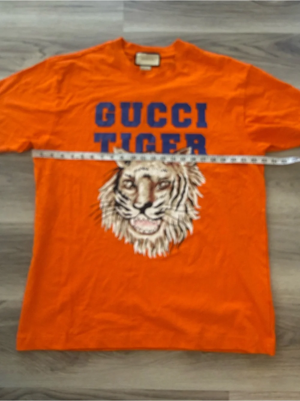 Gucci Orange Tee with Blue 'GUCCI TIGER' and Tiger Graphic